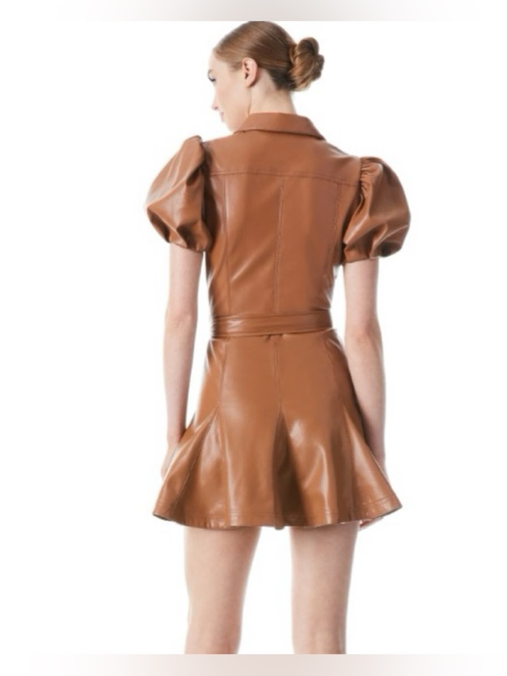 Alice + Olivia Ofra Vegan Leather Puff Sleeve Belted Mini Dress Size 0 NWOT - Picture 5 of 10